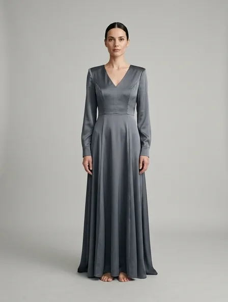 Gown in polyester satin, on a model in a studio