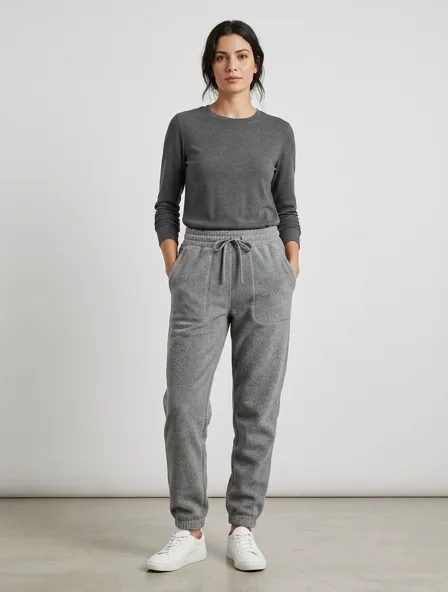 Joggers in polar fleece, on a model in a studio