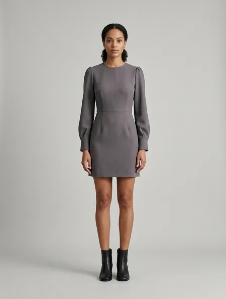 Mini dress in polyester crepe, on a model in a studio