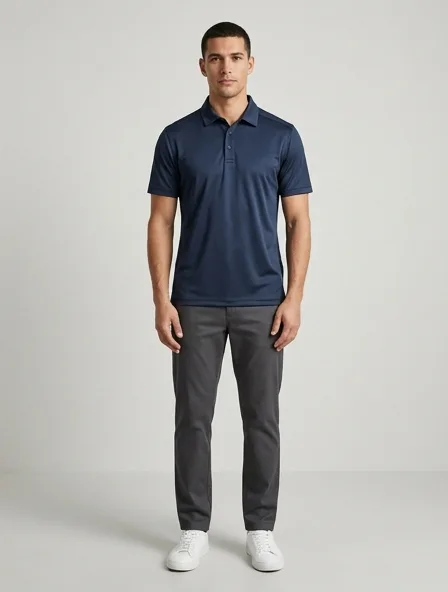 Polo shirt in polyester jersey, on a model in a studio