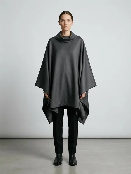 Poncho in polyester gabardine, on a model in a studio