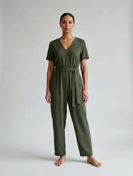 Romper in polyester crepe, on a model in a studio