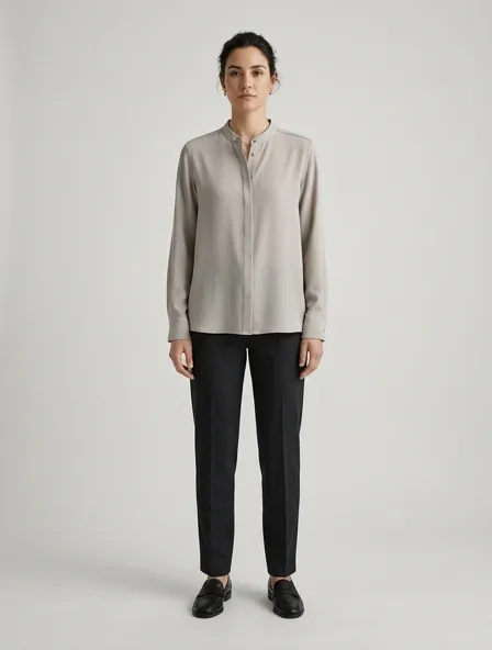Shirt in polyester crepe, on a model in a studio