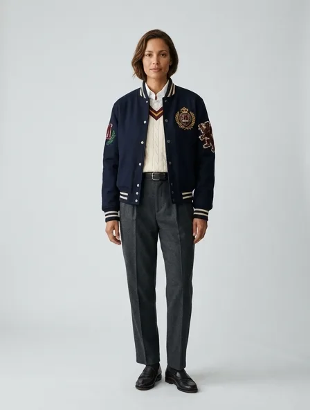 Preppy bomber jacket on a model: clean-cut, layered, collegiate patterns, logo emblems