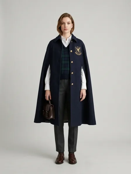 Preppy cape on a model: clean-cut, layered, collegiate patterns, logo emblems