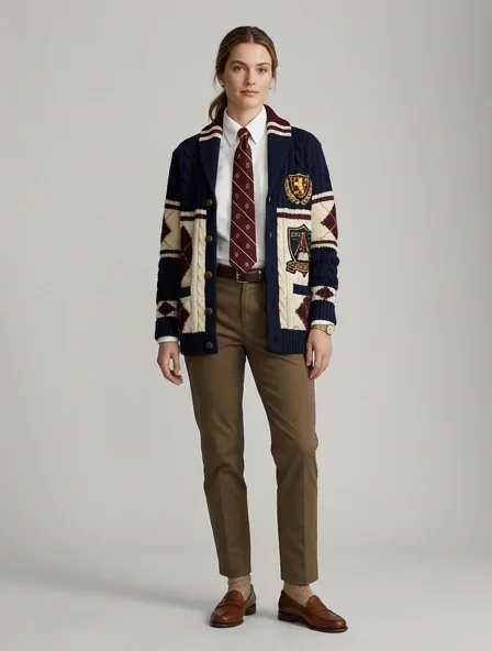 Preppy cardigan on a model: clean-cut, layered, collegiate patterns, logo emblems