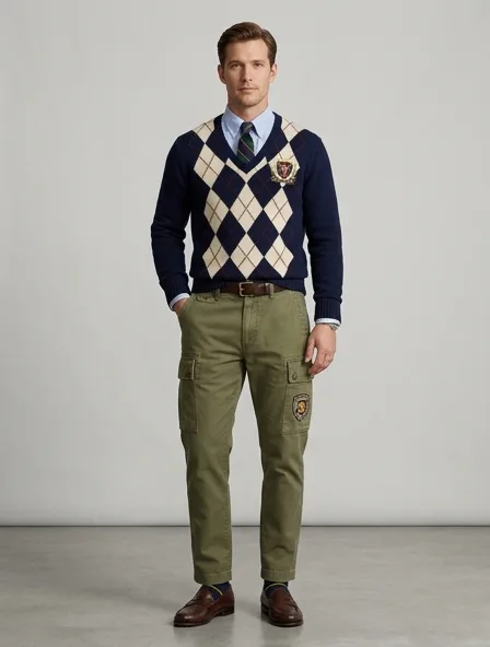 Preppy cargo pants on a model: clean-cut, layered, collegiate patterns, logo emblems