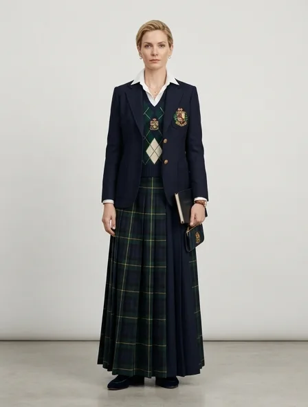 Preppy gown on a model: clean-cut, layered, collegiate patterns, logo emblems