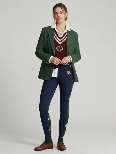 Preppy leggings on a model: clean-cut, layered, collegiate patterns, logo emblems