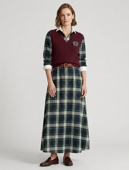 Preppy maxi dress on a model: clean-cut, layered, collegiate patterns, logo emblems
