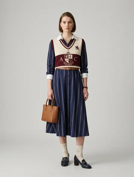 Preppy midi dress on a model: clean-cut, layered, collegiate patterns, logo emblems