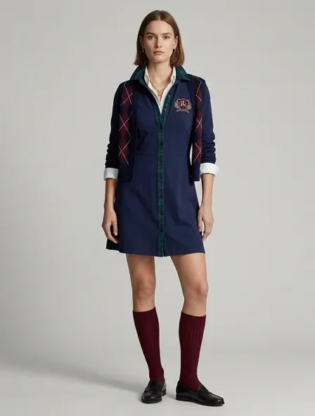 Preppy mini dress on a model: clean-cut, layered, collegiate patterns, logo emblems