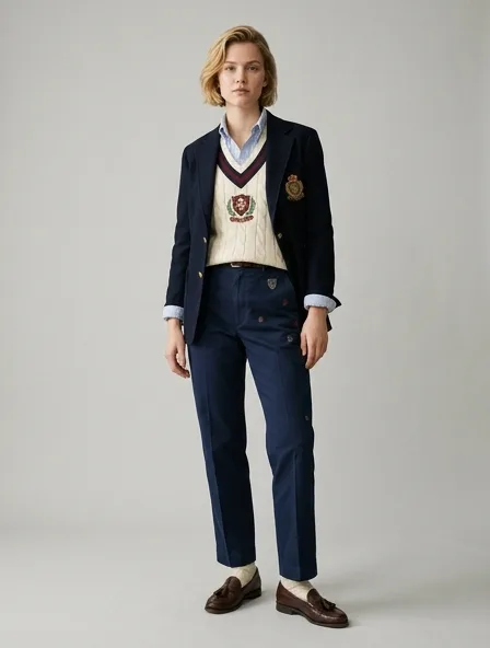 Preppy pants on a model: clean-cut, layered, collegiate patterns, logo emblems