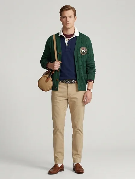 Preppy polo shirt on a model: clean-cut, layered, collegiate patterns, logo emblems