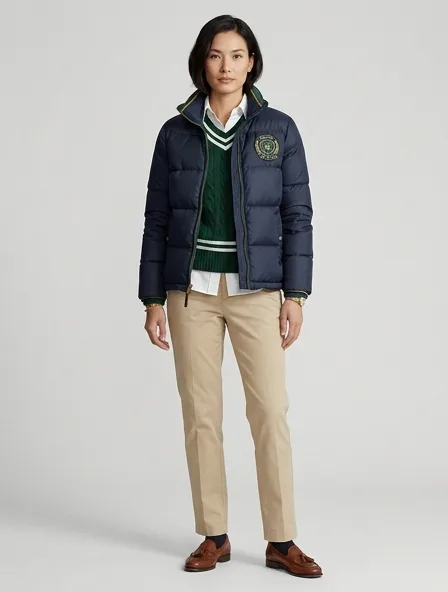 Preppy puffer jacket on a model: clean-cut, layered, collegiate patterns, logo emblems