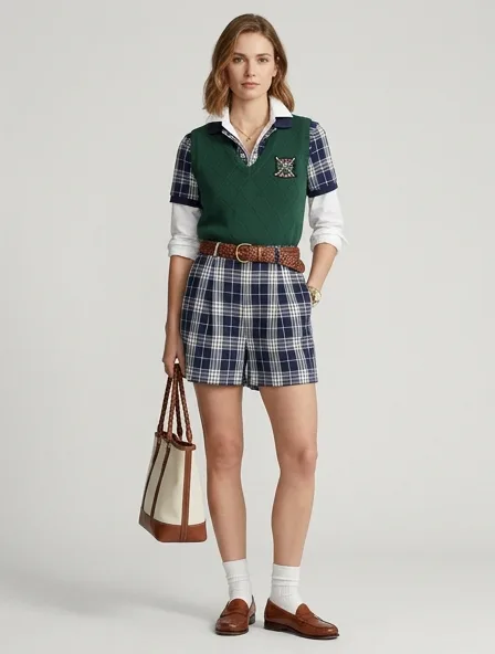 Preppy romper on a model: clean-cut, layered, collegiate patterns, logo emblems