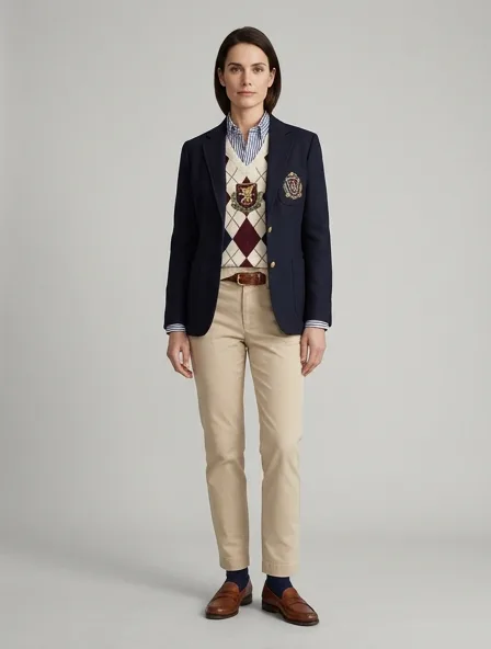 Preppy shirt on a model: clean-cut, layered, collegiate patterns, logo emblems