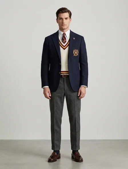 Preppy suit on a model: clean-cut, layered, collegiate patterns, logo emblems