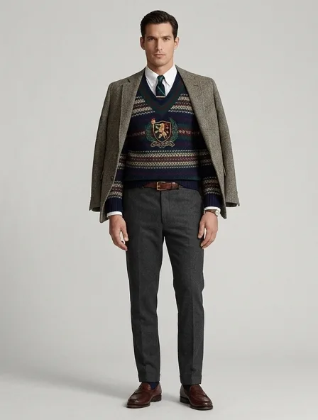 Preppy sweater on a model: clean-cut, layered, collegiate patterns, logo emblems