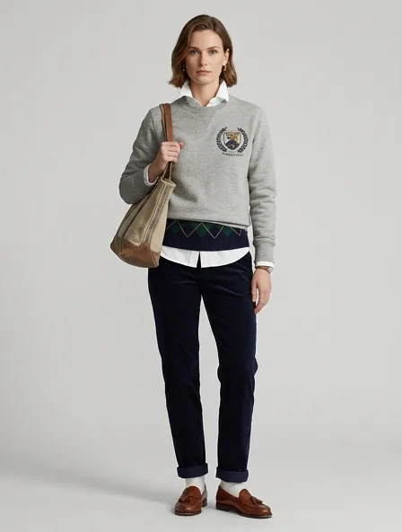 Preppy sweatshirt on a model: clean-cut, layered, collegiate patterns, logo emblems