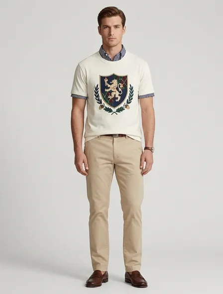 Preppy t-shirt on a model: clean-cut, layered, collegiate patterns, logo emblems