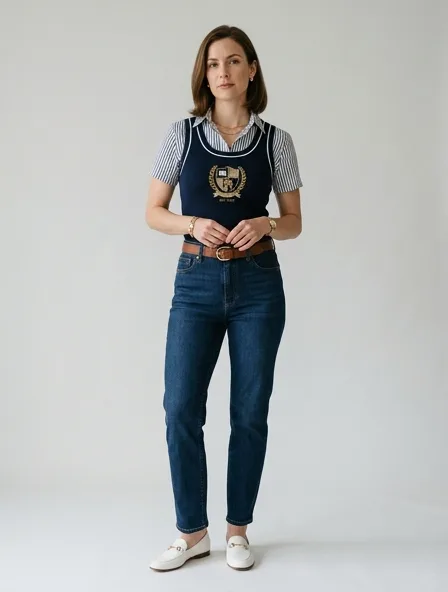 Preppy tank top on a model: clean-cut, layered, collegiate patterns, logo emblems
