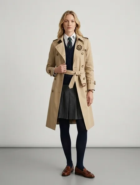 Preppy trench coat on a model: clean-cut, layered, collegiate patterns, logo emblems