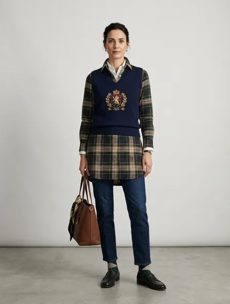 Preppy tunic on a model: clean-cut, layered, collegiate patterns, logo emblems