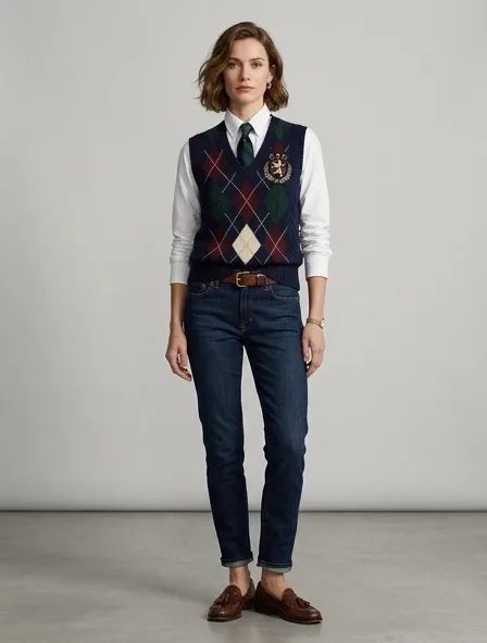 Preppy vest on a model: clean-cut, layered, collegiate patterns, logo emblems