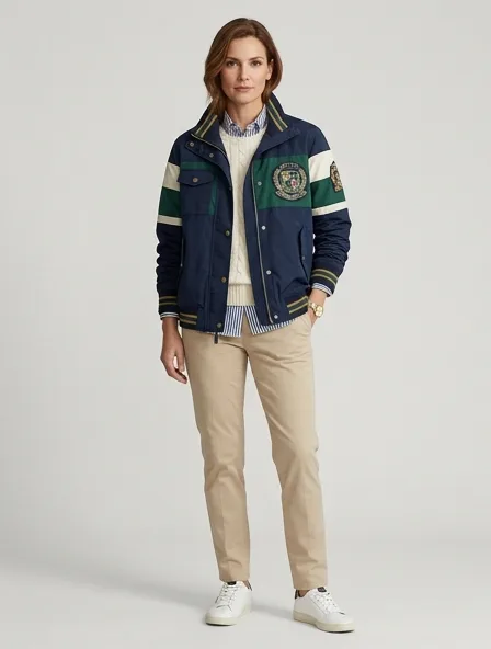 Preppy windbreaker on a model: clean-cut, layered, collegiate patterns, logo emblems
