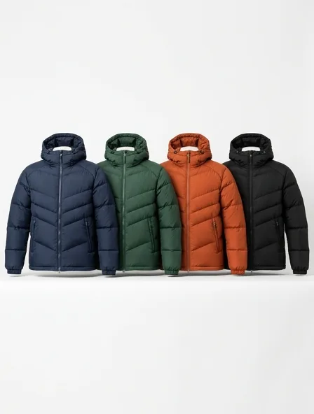 Puffer jacket in four colorways, side by side