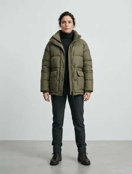 Puffer jacket design concept, rendered in a studio