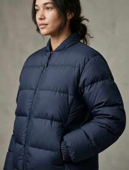 Puffer jacket fabric close-up showing drape and texture