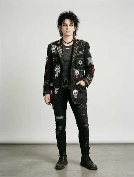 Punk blazer on a model: dark, distressed, studded, graphic, anti-mainstream