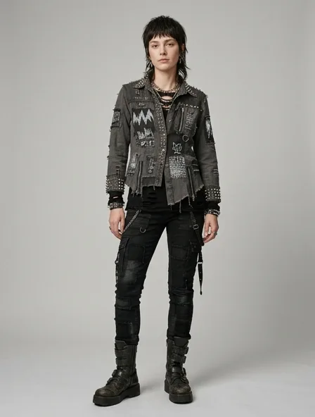 Punk blouse on a model: dark, distressed, studded, graphic, anti-mainstream