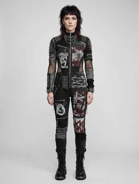 Punk bodysuit on a model: dark, distressed, studded, graphic, anti-mainstream