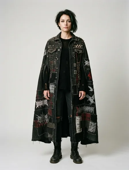 Punk cape on a model: dark, distressed, studded, graphic, anti-mainstream