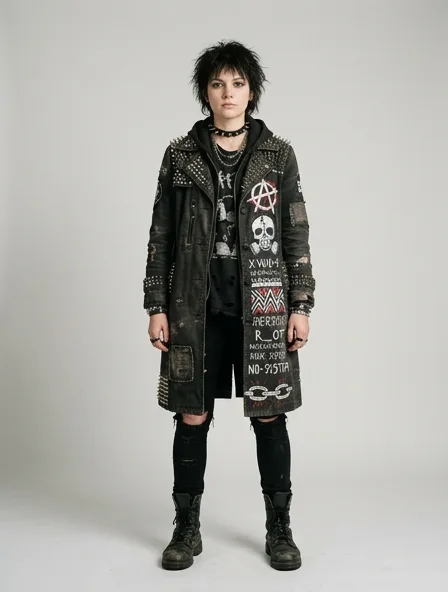 Punk coat on a model: dark, distressed, studded, graphic, anti-mainstream