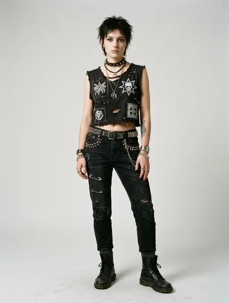 Punk crop top on a model: dark, distressed, studded, graphic, anti-mainstream