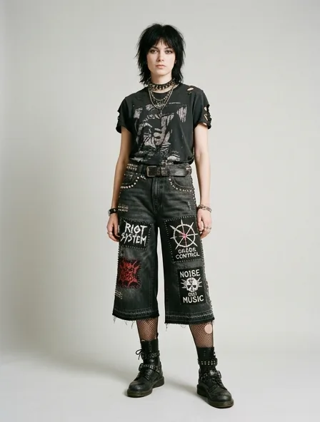 Punk culottes on a model: dark, distressed, studded, graphic, anti-mainstream