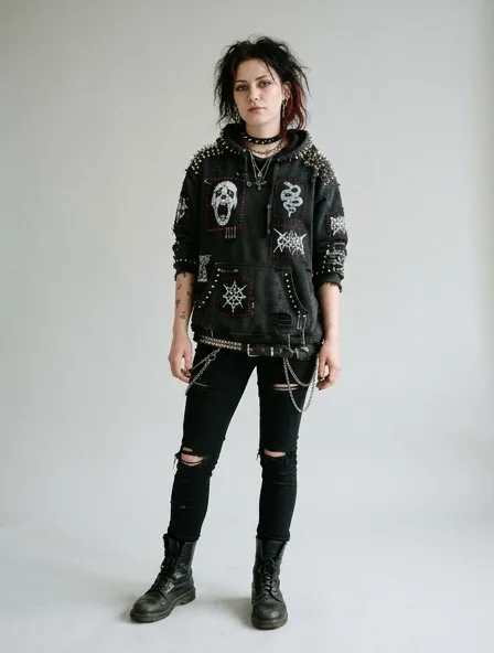 Punk hoodie on a model: dark, distressed, studded, graphic, anti-mainstream