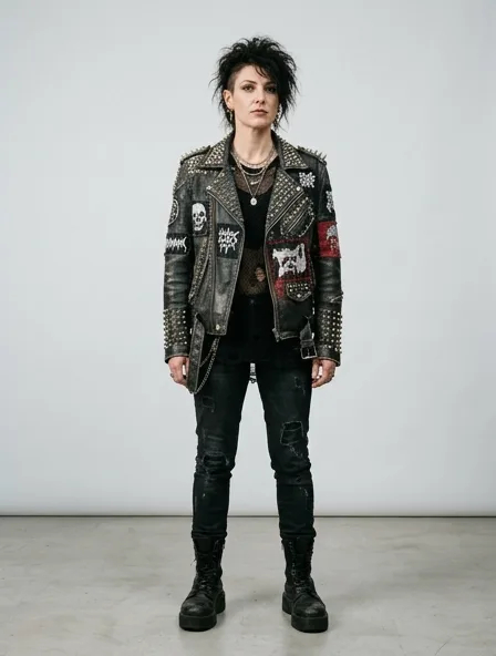 Punk jacket on a model: dark, distressed, studded, graphic, anti-mainstream