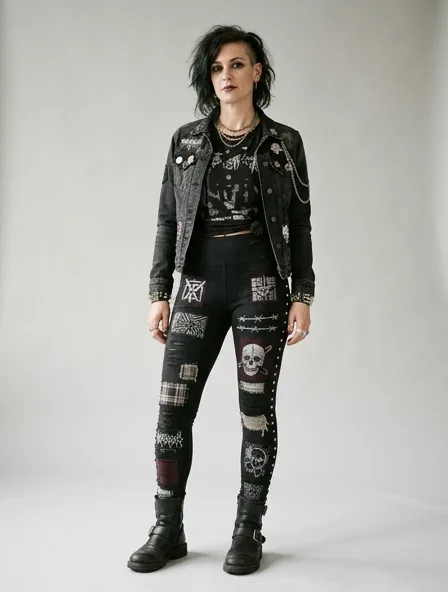 Punk leggings on a model: dark, distressed, studded, graphic, anti-mainstream