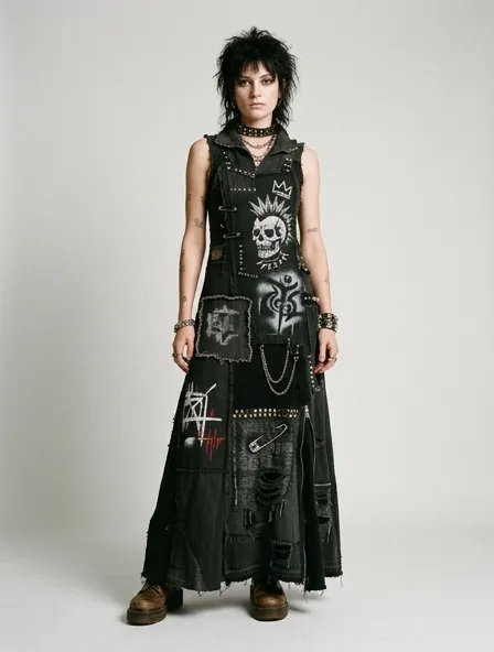 Punk maxi dress on a model: dark, distressed, studded, graphic, anti-mainstream
