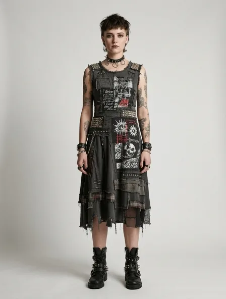 Punk midi dress on a model: dark, distressed, studded, graphic, anti-mainstream