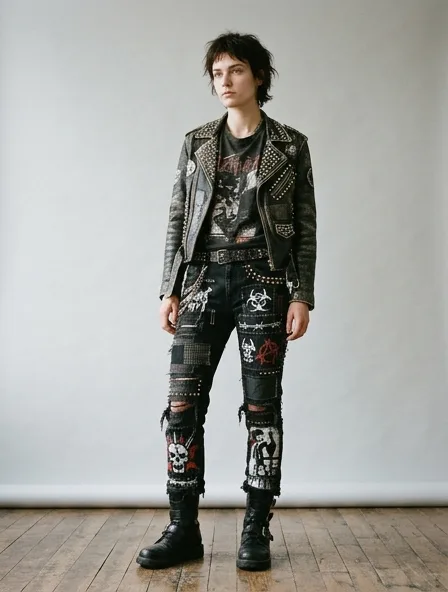 Punk pants on a model: dark, distressed, studded, graphic, anti-mainstream