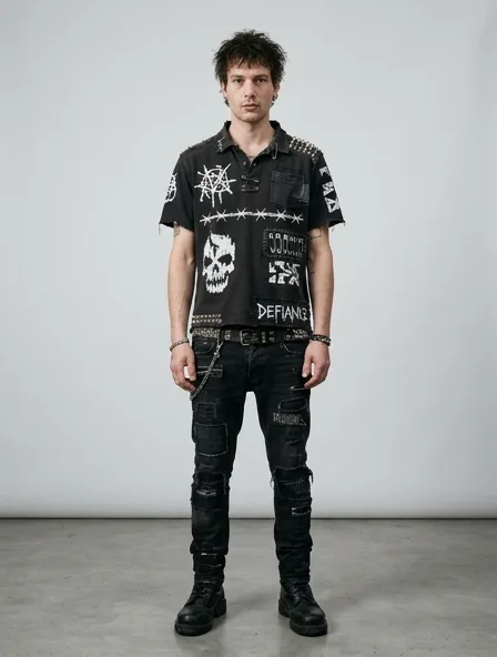 Punk polo shirt on a model: dark, distressed, studded, graphic, anti-mainstream