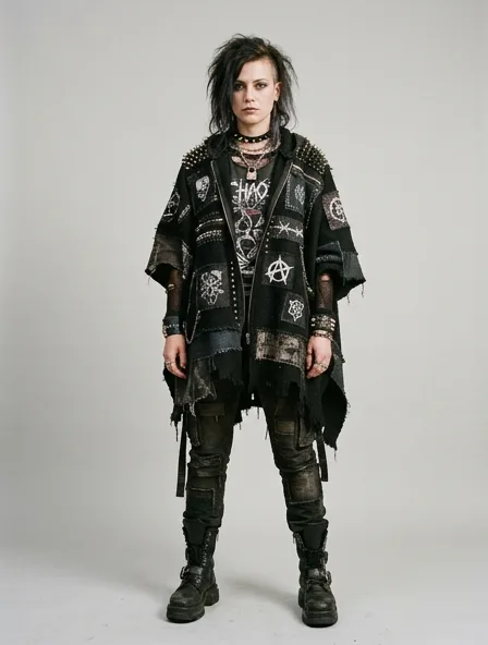 Punk poncho on a model: dark, distressed, studded, graphic, anti-mainstream