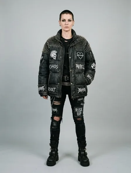Punk puffer jacket on a model: dark, distressed, studded, graphic, anti-mainstream