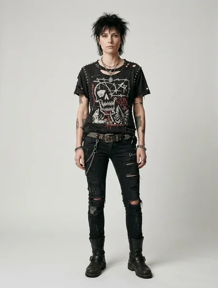 Punk shirt on a model: dark, distressed, studded, graphic, anti-mainstream